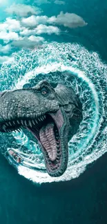 Dinosaur breaching the ocean with majestic waves in vibrant cyan hues.