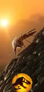 Mosquito on amber with dinosaur silhouette at sunset.