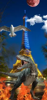 Dinosaur with Eiffel Tower and moonlit sky, fantasy mobile wallpaper.