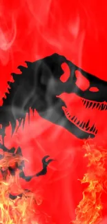 Dinosaur silhouette with flames on red background wallpaper.