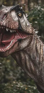 Close-up of a roaring dinosaur in a forest setting wallpaper.