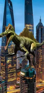 A dinosaur stands atop a skyscraper in a cityscape at night.