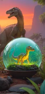 Dinosaur in a magical terrarium set in a lush jungle landscape.