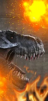 A roaring T-Rex dinosaur surrounded by fiery explosions.