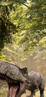 Lifelike dinosaur amid lush green forest.