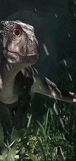 Realistic dinosaur in a lush jungle setting with rain effects.