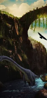 Dinosaur in a canyon with a bird flying across the sky.