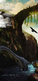 Dinosaur stands in a mystical canyon under an arch with a flying bird.