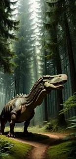 Dinosaur in a lush green forest, poised on a forest path.