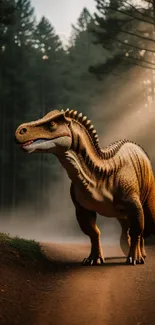 Dinosaur walks through a misty, sunlit forest path.