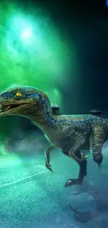 Velociraptor in a mystical night scene with a green hue.