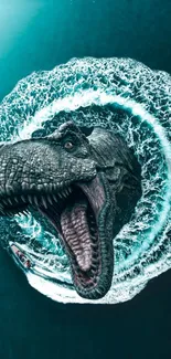 A huge dinosaur rising from an ocean whirlpool, creating a dramatic scene with a boat.