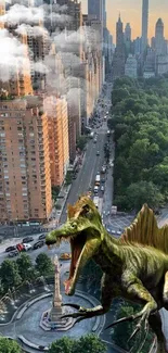 A dinosaur stands in a cityscape with tall buildings and greenery.