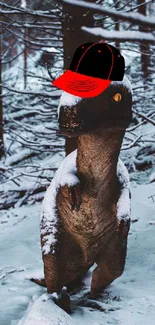 Playful dinosaur with red cap in snowy winter forest.