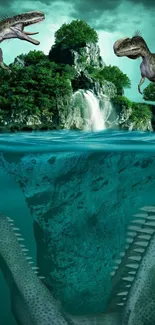 Dinosaur island with waterfall and underwater view.