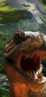 Roaring dinosaur in lush jungle setting with mountains and pterodactyls.