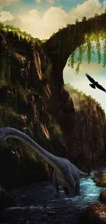Fantasy landscape with dinosaur and bird in lush canyon.