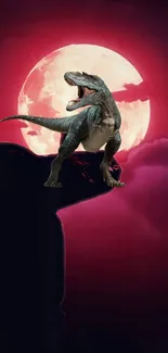 Dinosaur stands on cliff with a crimson moon background.