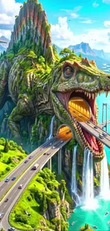 Fantasy landscape with dinosaur mountain bridge over turquoise waters.
