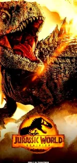 Fierce dinosaur movie poster with glowing orange hues.