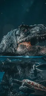 Dinosaur head emerging from ocean surface with underwater scene.