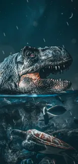 Dinosaur emerges from ocean with sea creatures below.