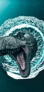 A lifelike dinosaur emerges from teal ocean waves with a boat nearby.