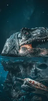 Dinosaur emerges from the ocean with diverse marine life underwater.