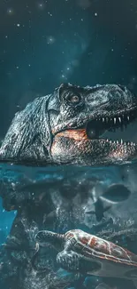 Dinosaur emerging from ocean with marine life in mobile wallpaper.