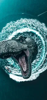 Dinosaur emerges in ocean with boat circling around.