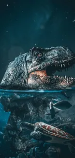 Dinosaur head emerging from ocean with sea creatures.