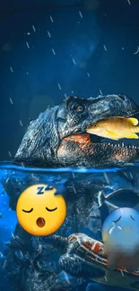 Dinosaur catches fish in ocean fantasy scene with emojis.