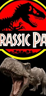 Jurassic Park logo with T-Rex dinosaur in black background.