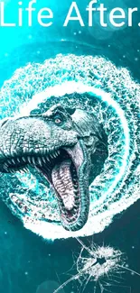 Roaring dinosaur emerges from a whirlpool on a teal aquatic mobile wallpaper.