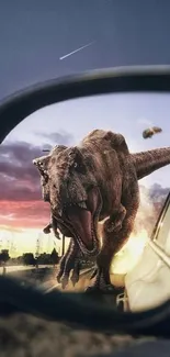 A T-Rex reflected in a car mirror at sunset.