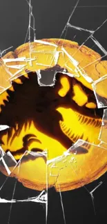 Cracked glass wallpaper with dinosaur silhouette in orange.