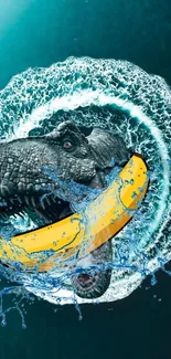 Dinosaur breaking through water with yellow float on wallpaper.