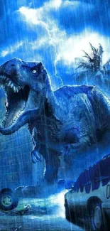 T-Rex under thunderstorm in blue-themed mobile wallpaper.