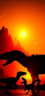 Silhouette of dinosaurs against a vibrant orange sunset with meteor streaks and mountains.