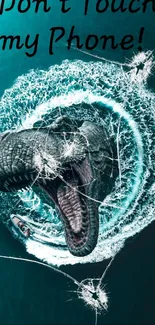 Dinosaur warns 'Don't Touch My Phone' with a dramatic spiral ocean design.