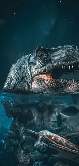 A dinosaur emerges from an underwater scene, surrounded by various marine life.