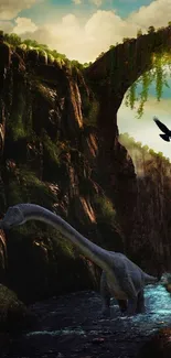 Fantasy wallpaper of dinosaur in a magical valley with soaring bird.