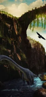 Dinosaur in a lush fantasy valley with a soaring bird and vibrant colors.