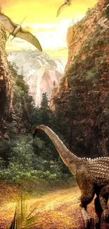 Dinosaur walking through a lush prehistoric valley with pterodactyls flying above.