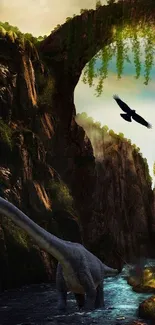 Dinosaur and bird in lush canyon wallpaper.