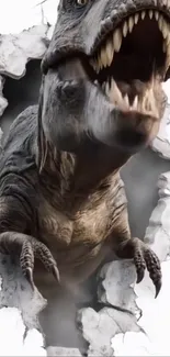 Realistic dinosaur breaking through wall wallpaper.