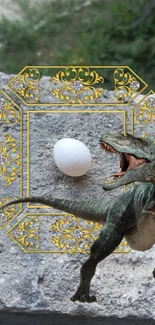 Dinosaur and egg with gold frame on stone background.