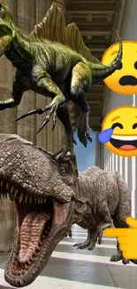 Dinosaurs and emojis in historic setting wallpaper.