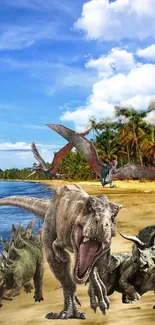 Dinosaurs roam a tropical beach under a bright sky.