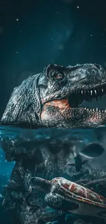 Dinosaur emerges underwater with turtles in a mystical aquatic setting.